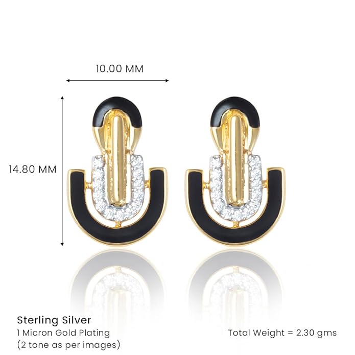 Black Enamel Jewellery Ensemble: Earrings & Pendant with Golden Chain and Cubic Zirconia Brilliance