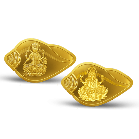 A Gold Coin (2 coin set) featuring Lakshmi Ganesh 24k (999.9) 10 gm in Shankh Shape.