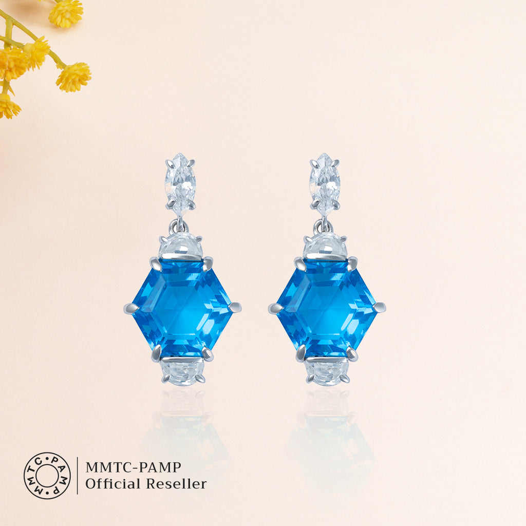 An image of Radiant Swiss Blue Gem Earrings, Pendant, Silver Chain With 10gm Silver Bar MMTC PAMP Gift Hamper.
