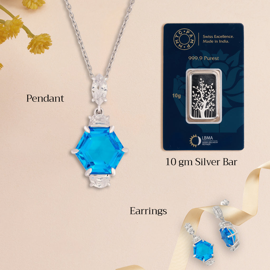 An image of Radiant Swiss Blue Gem Earrings, Pendant, Silver Chain With 10gm Silver Bar MMTC PAMP Gift Hamper