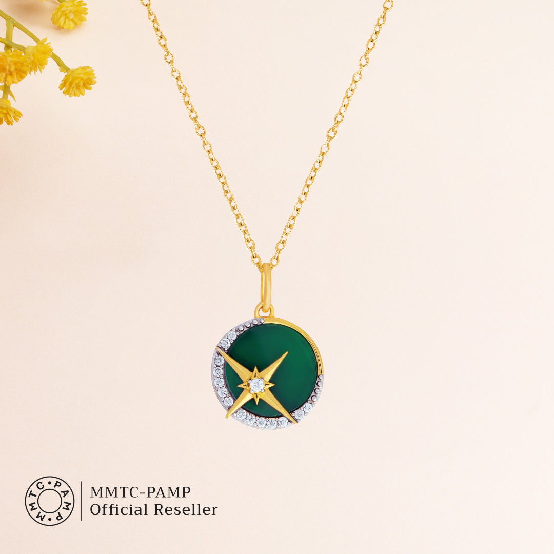  An image of Luminous Galaxy Green Onyx Pendant & Earring With 10gm Silver Coin MMTC PAMP Gift Hamper.