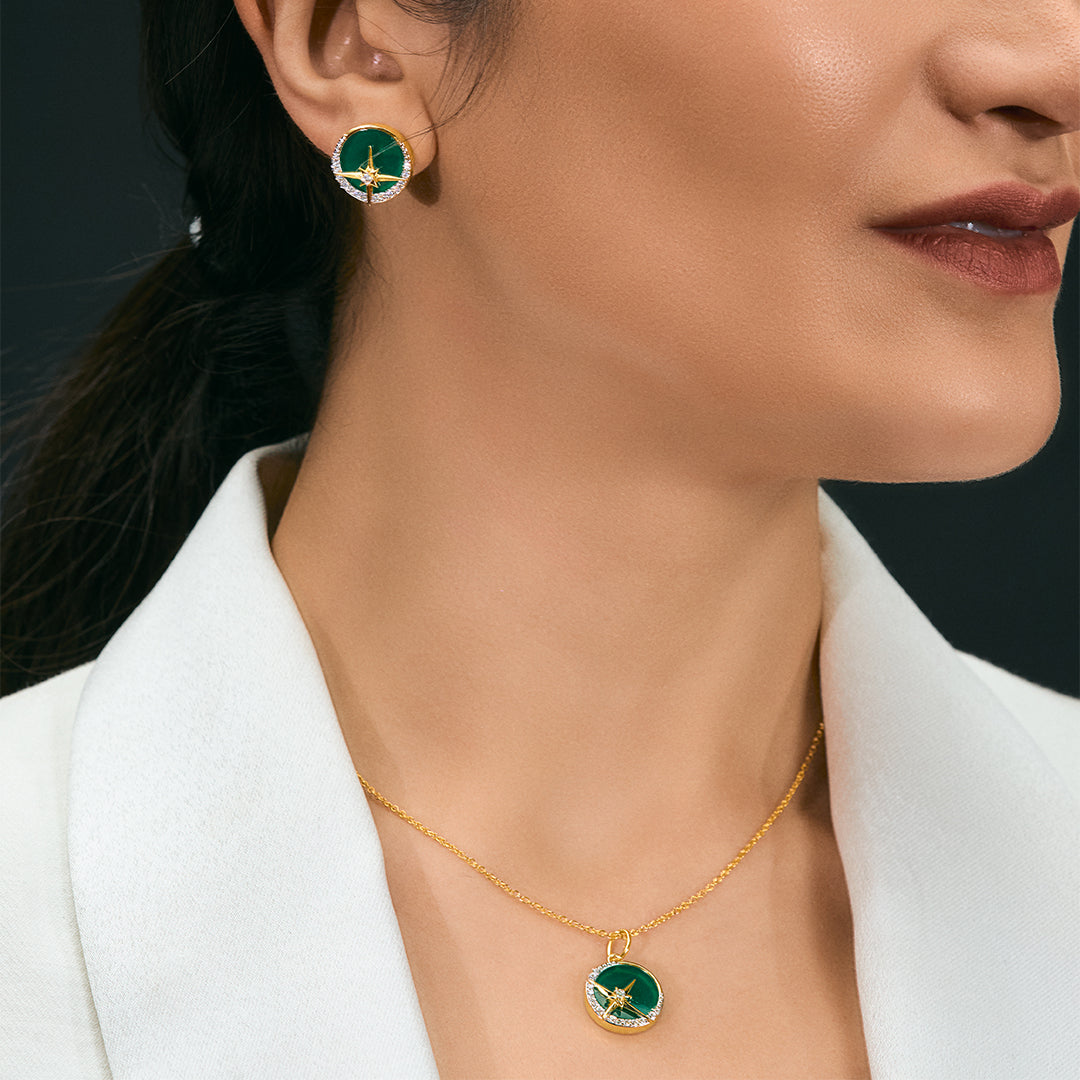  An image of Luminous Galaxy Green Onyx Pendant & Earring With 10gm Silver Coin MMTC PAMP Gift Hamper.