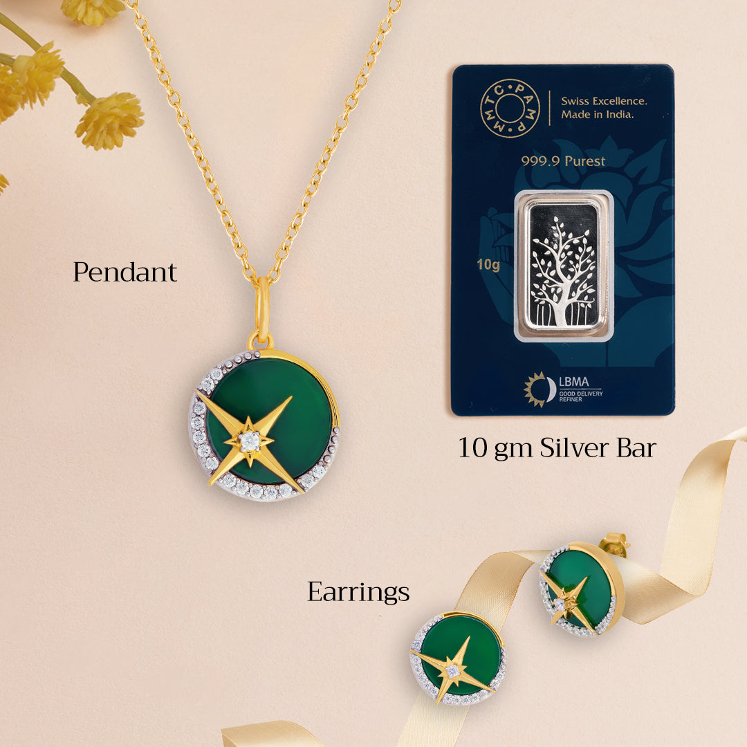 An image of Luminous Galaxy Green Onyx Pendant & Earring With 10gm Silver Coin MMTC PAMP Gift Hamper.
