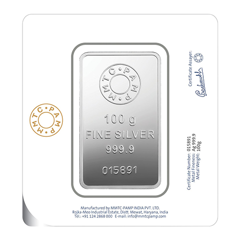 A 100 gm Silver Bar featuring Lotus of 999.9 Purity.