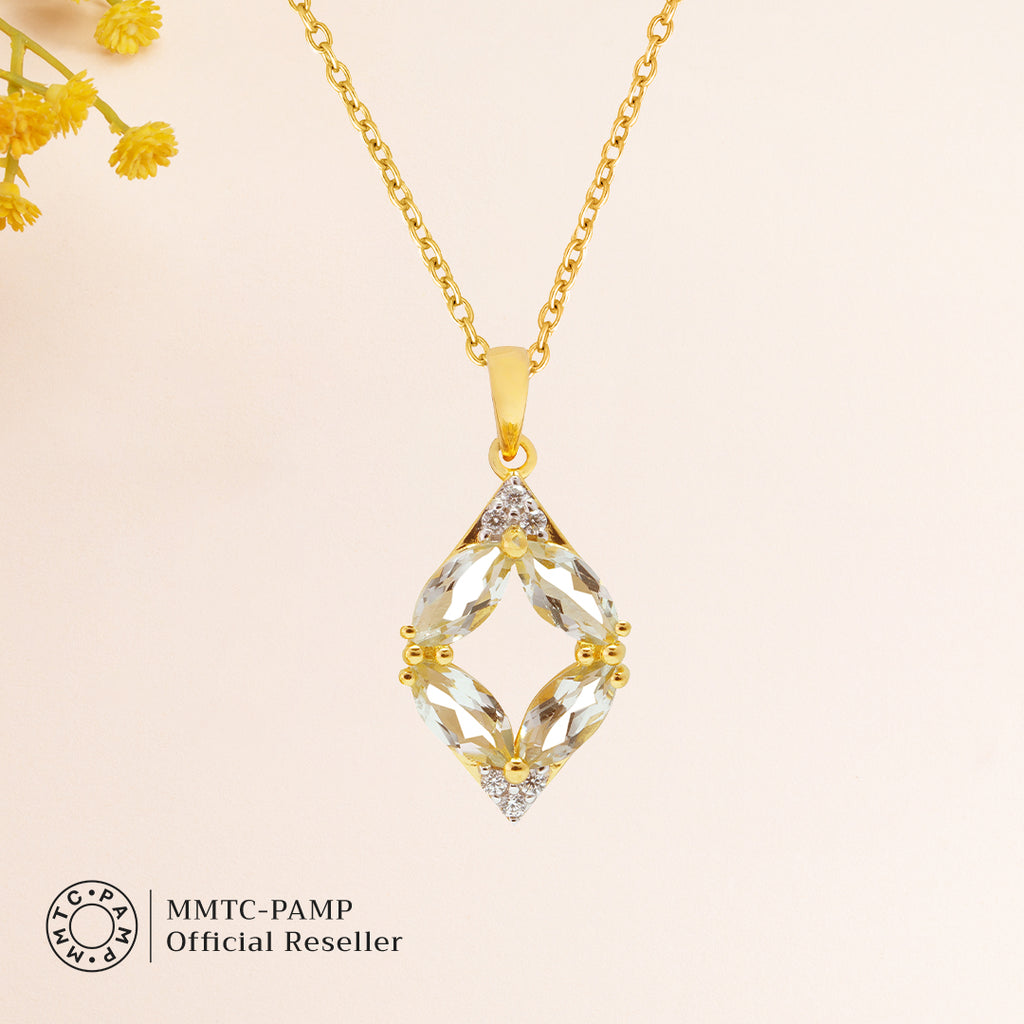 An image of Whispering Leaves Green Amethyst Ensemble Pendant, Earring with 10gm Silver Bar MMTC PAMP Gift Hamper.