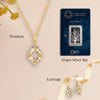 An image of Whispering Leaves Green Amethyst Ensemble Pendant, Earring with 10gm Silver Bar MMTC PAMP Gift Hamper.