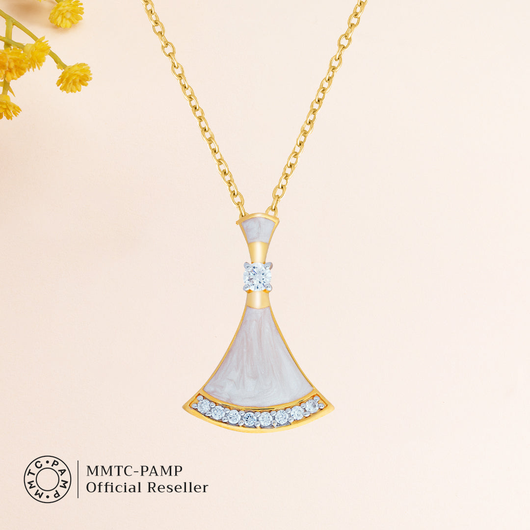 An image of Complete Ocean's Opulence Mother of Pearl Pendant, Earrings, Golden Chain with 10gm Silver Bar MMTC PAMP Gift Hamper.