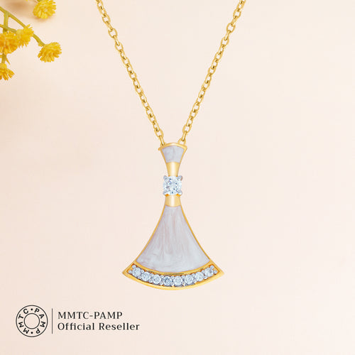 An image of Complete Ocean's Opulence Mother of Pearl Pendant, Earrings, Golden Chain with 10gm Silver Bar MMTC PAMP Gift Hamper.