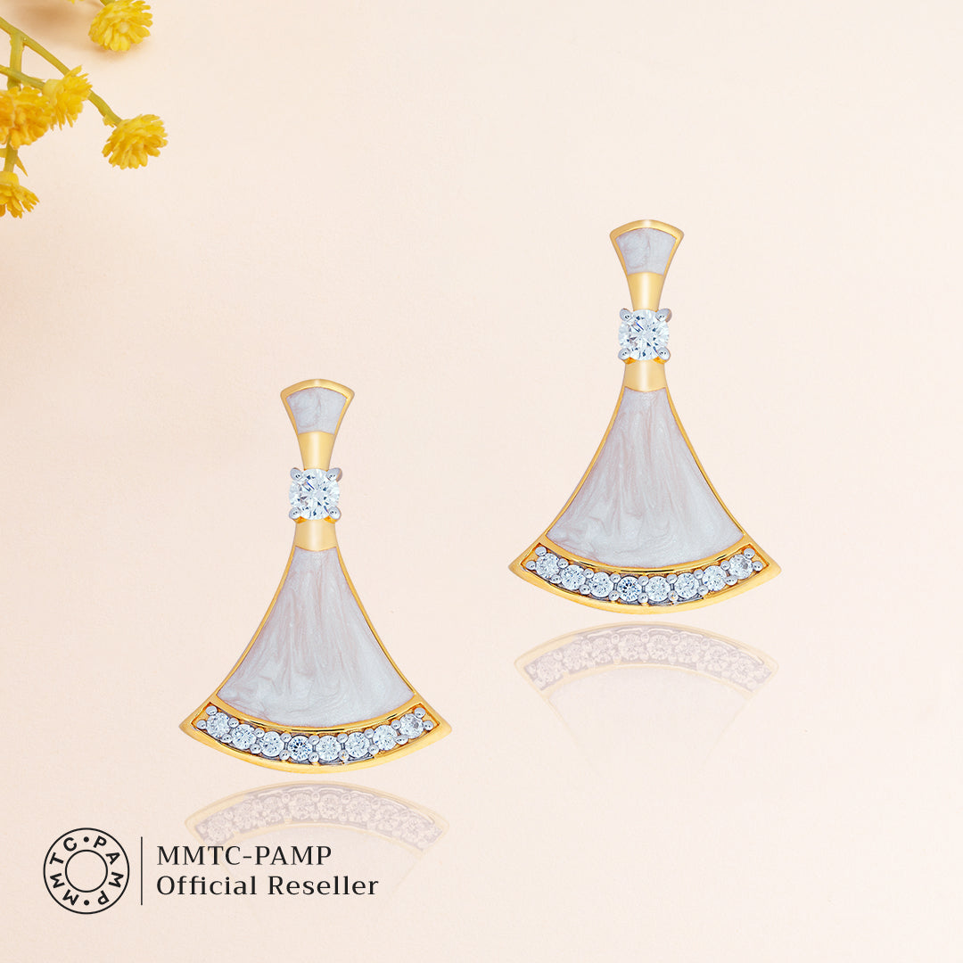 An image of Complete Ocean's Opulence Mother of Pearl Pendant, Earrings, Golden Chain with 10gm Silver Bar MMTC PAMP Gift Hamper.