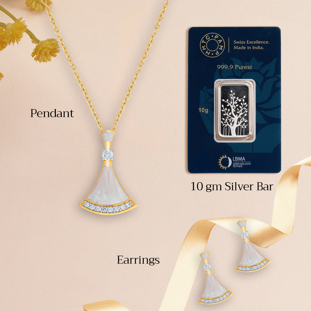 An image of Complete Ocean's Opulence Mother of Pearl Pendant, Earrings, Golden Chain with 10gm Silver Bar MMTC PAMP Gift Hamper.