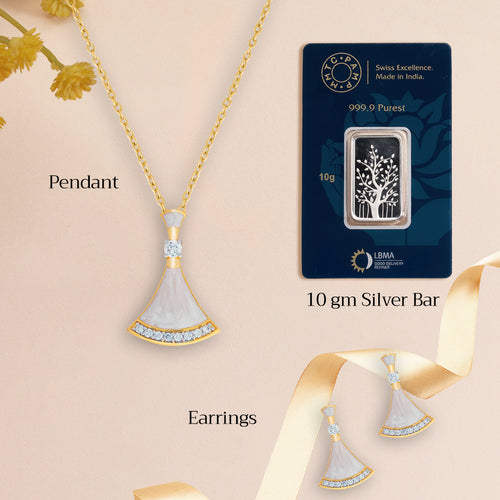 An image of Complete Ocean's Opulence Mother of Pearl Pendant, Earrings, Golden Chain with 10gm Silver Bar MMTC PAMP Gift Hamper.