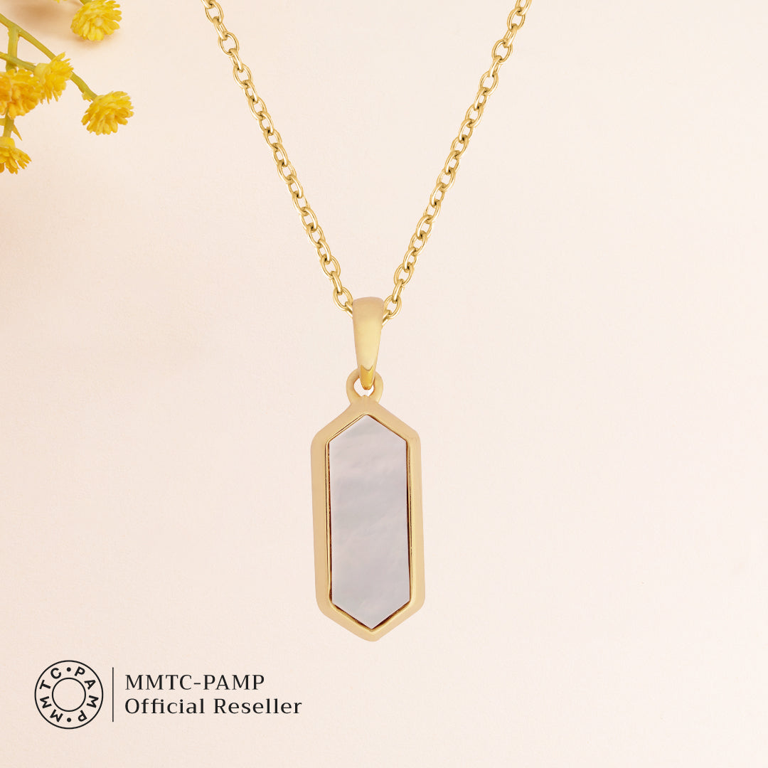 An image of Classic Beauty Mother of Pearl Delight Drop Earrings & Pendant with Golden Chain & 10gm Silver Coin MMTC PAMP Gift Hamper.