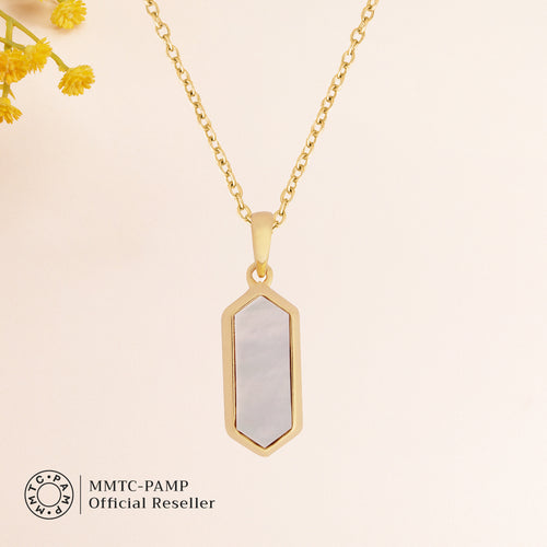 An image of Classic Beauty Mother of Pearl Delight Drop Earrings & Pendant with Golden Chain & 10gm Silver Coin MMTC PAMP Gift Hamper.