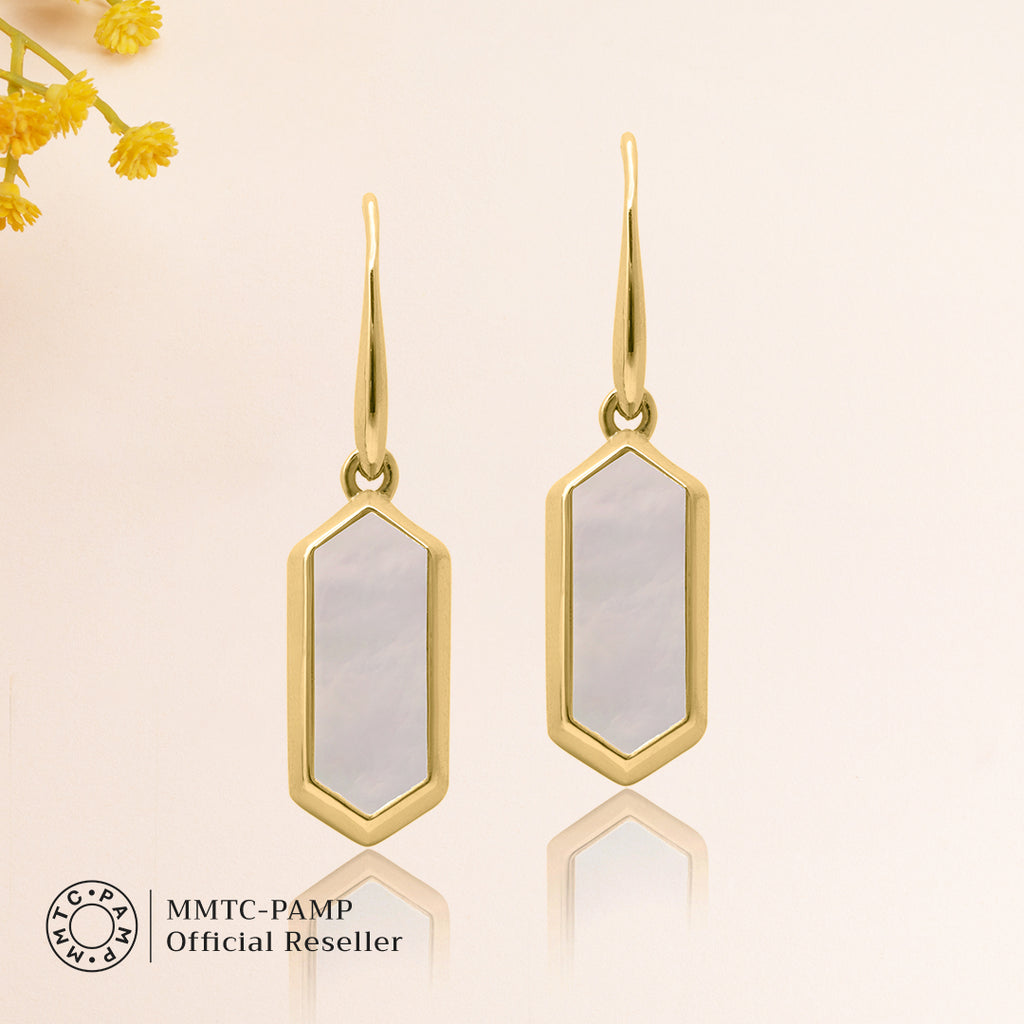 An image of Classic Beauty Mother of Pearl Delight Drop Earrings & Pendant with Golden Chain & 10gm Silver Coin MMTC PAMP Gift Hamper.