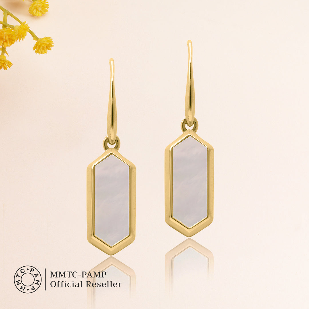 An image of Classic Beauty Mother of Pearl Delight Drop Earrings & Pendant with Golden Chain & 10gm Silver Coin MMTC PAMP Gift Hamper.