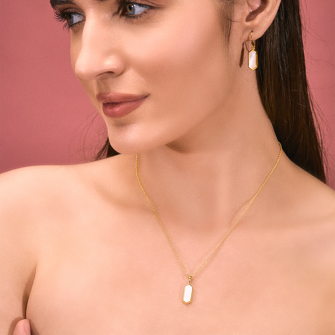 An image of Classic Beauty Mother of Pearl Delight Drop Earrings & Pendant with Golden Chain & 10gm Silver Coin MMTC PAMP Gift Hamper.
