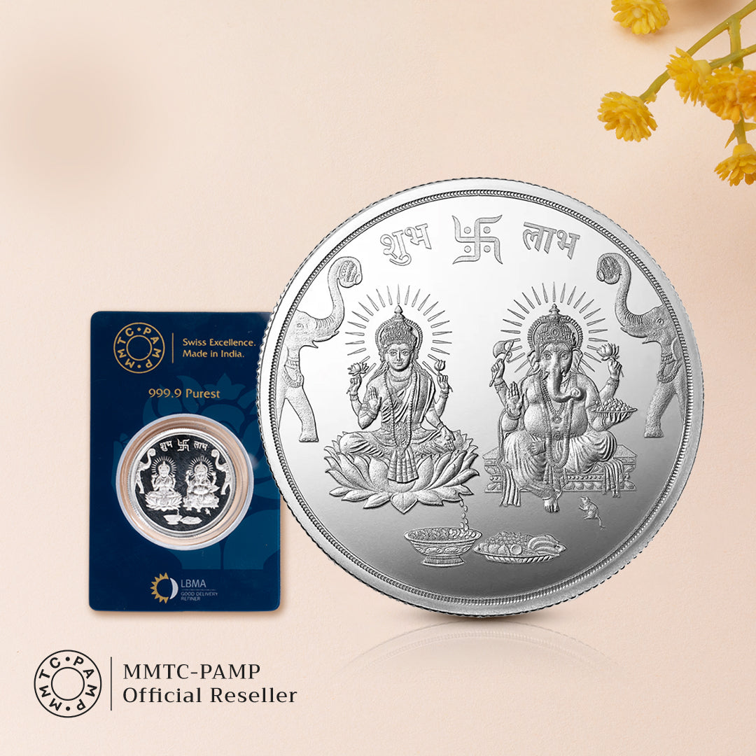 An image of Mystic Malachite Earring, Pendant, Golden Chain With 10gm Silver Coin MMTC PAMP Gift hamper.