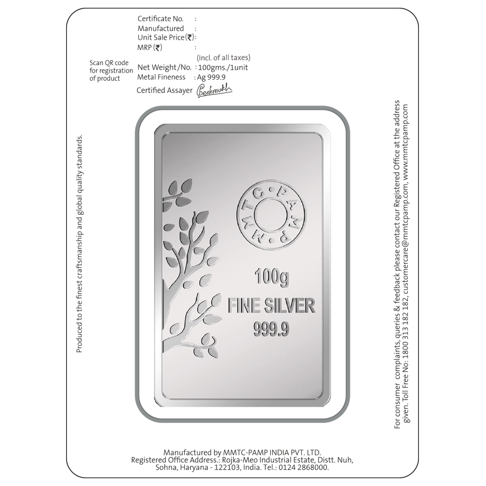 A Banyan Tree Silver Bar of 100 gm with 999.9 Purity.