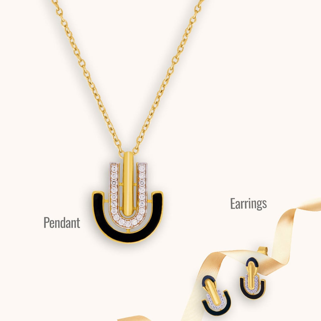 A combo of Black Enamel Jewelry containing Earrings and Pendant with Golden Chain and Cubic Zirconia.