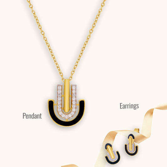 Black Enamel Jewelry Ensemble: Earrings & Pendant with Golden Chain and Cubic Zirconia Brilliance