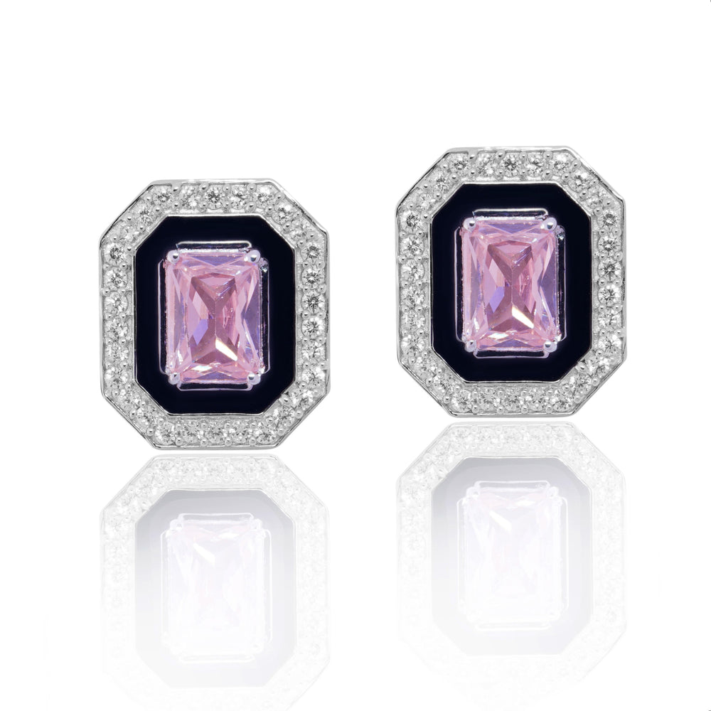 Pink Earrings Adorned with Cubic Zirconia and Ebony Enamel Tops.