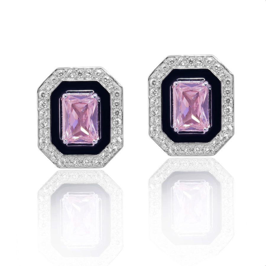 Pink Earrings Adorned with Cubic Zirconia and Ebony Enamel Tops.