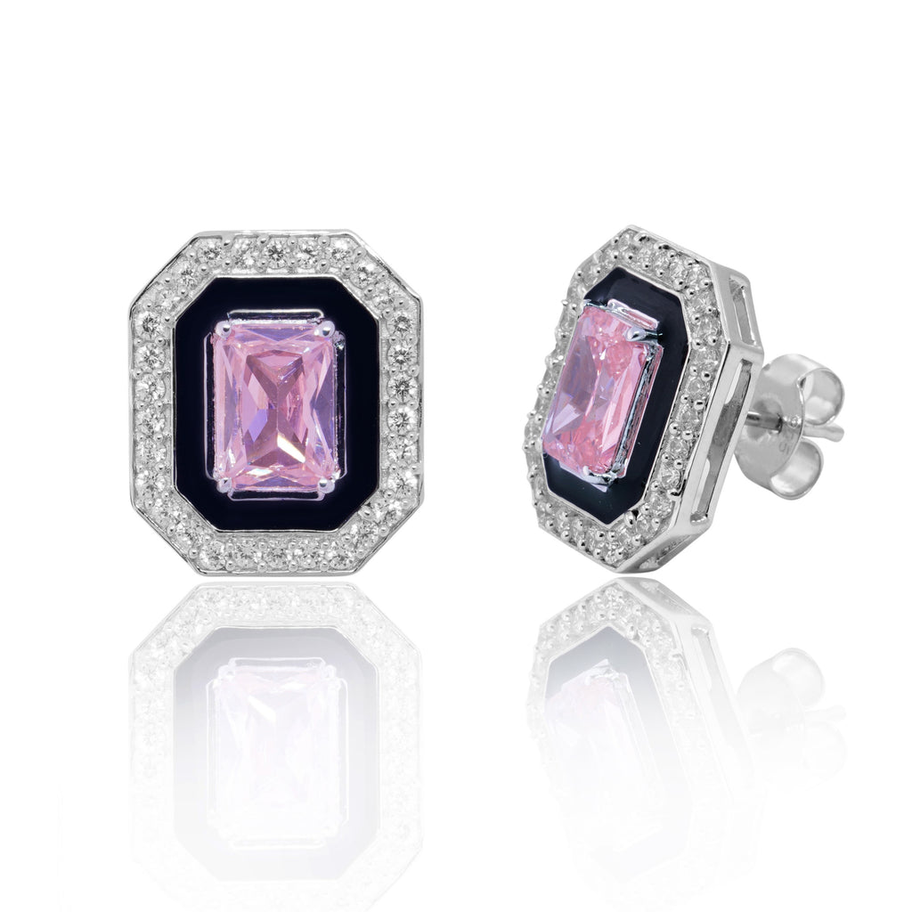  Pink Earrings Adorned with Cubic Zirconia and Ebony Enamel Tops.