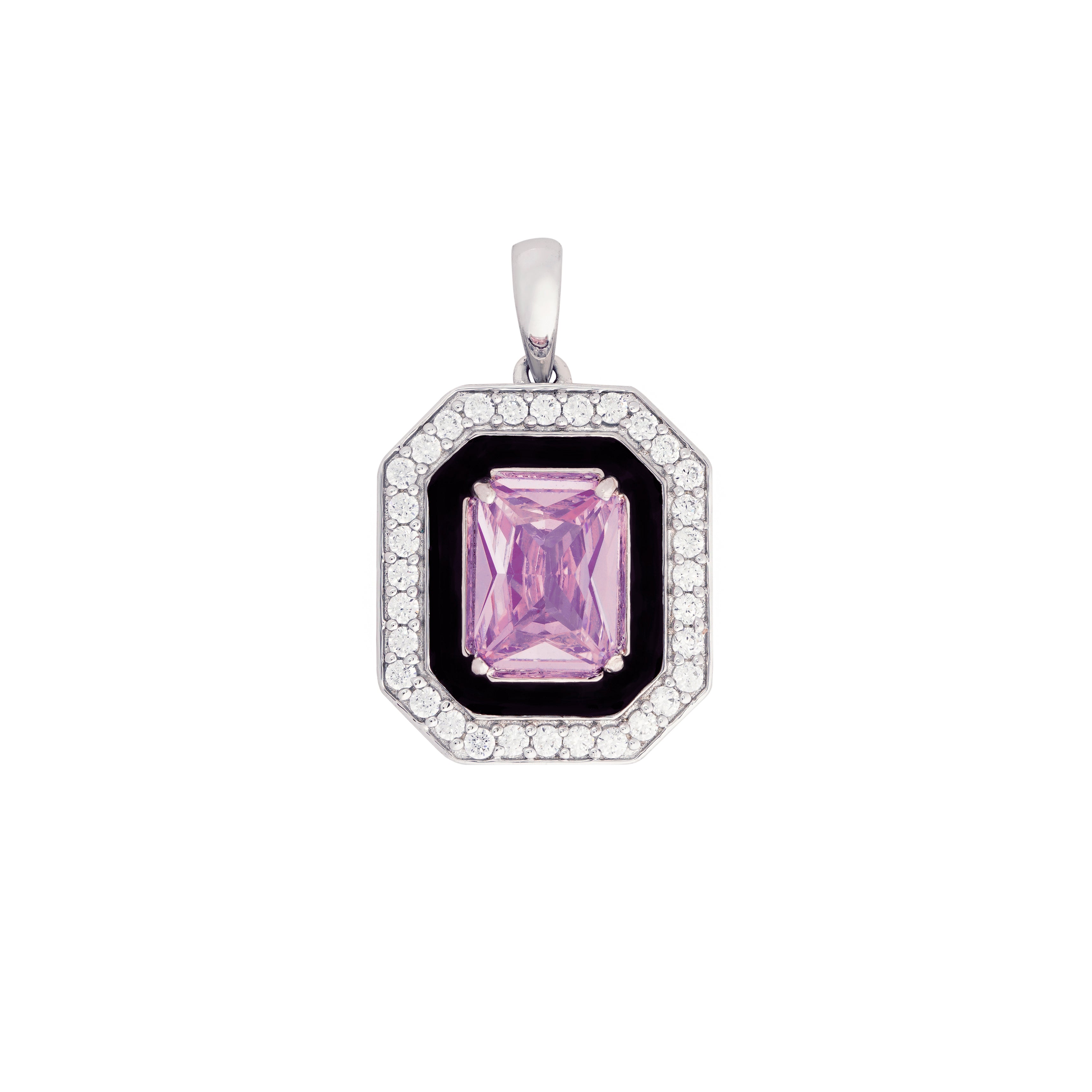 A Pink Pendant Adorned with Cubic Zirconia and Ebony Enamel.