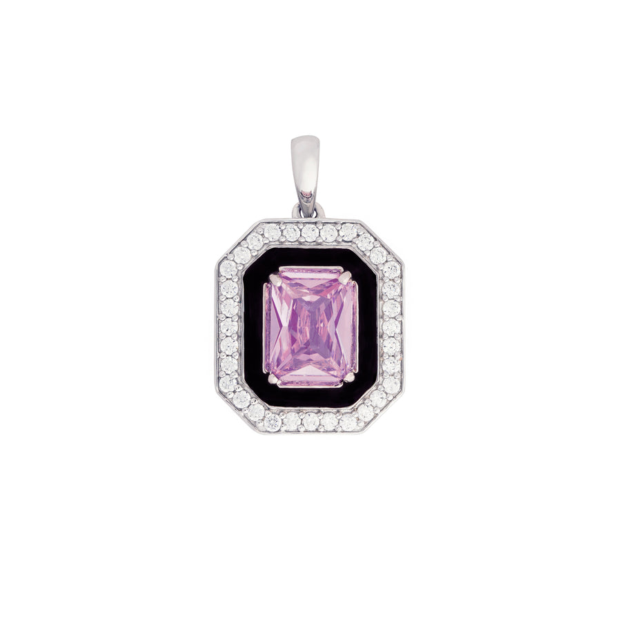 A Pink Pendant Adorned with Cubic Zirconia and Ebony Enamel.