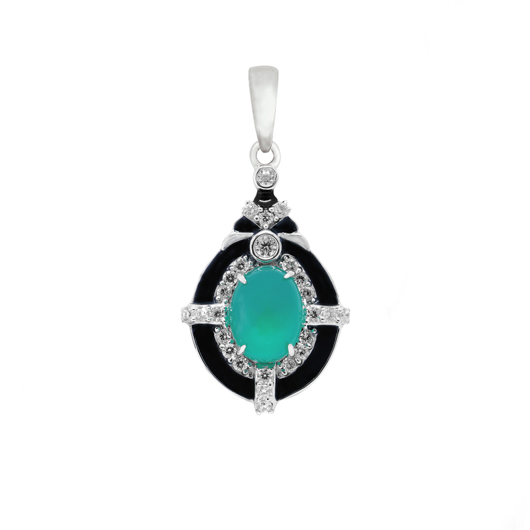 Glamorous Greens: Green Onyx and Cubic Zirconia Pendant and Drops Set with Silver Chain