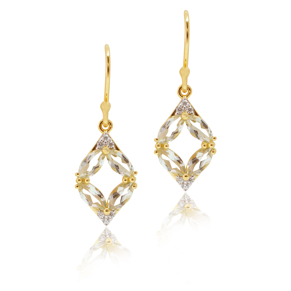 Dangle Earrings Adorned with Cubic Zirconia and Light Green Amethyst.
