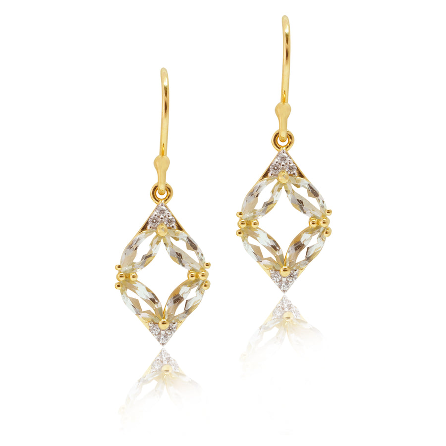 Dangle Earrings Adorned with Cubic Zirconia and Light Green Amethyst.