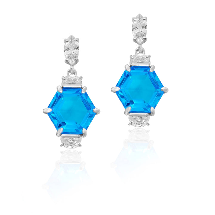 A Touch of Glamour: Radiant Swiss Blue Gem Earrings and Pendant Set with Silver Chain