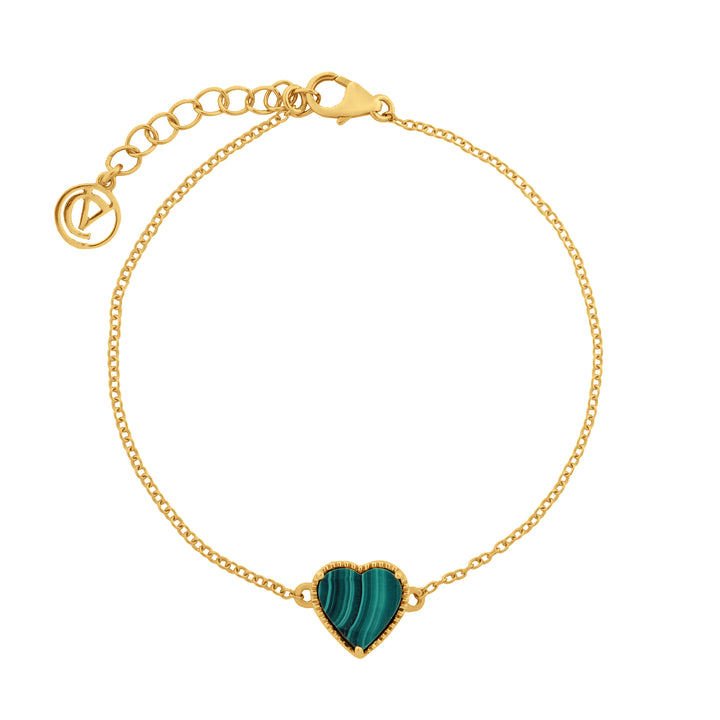 Verdant Love's Malachite Heart Jewelry Collection: Pendant, Hoop Earrings, and Bracelet with Golden Chain
