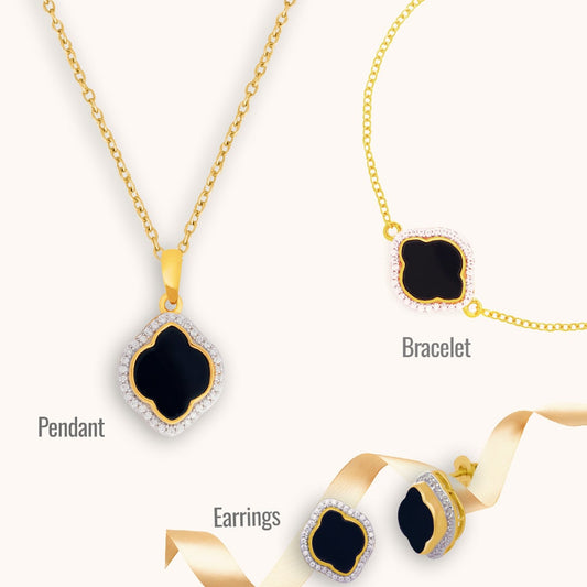 Celestial Elegance Jewelry Set: Onyx, Cubic Zirconia Bracelet, Pendant, Earrings and Chain