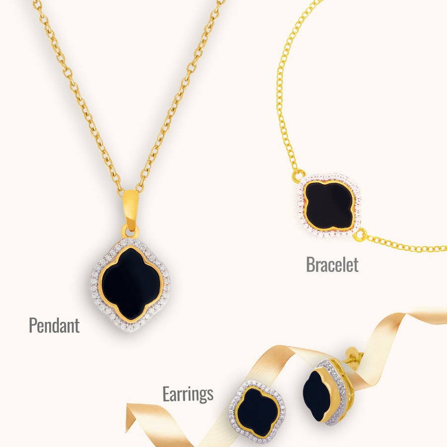 A jewelry set containing Bracelet, Pendant, Earrings and Chain made with Onyx and Cubic Zirconia.