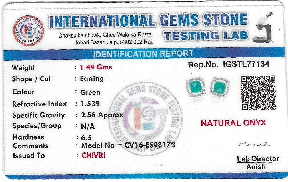 Nature's Splendor Green Onyx Sugar Loaf Cubic Zirconia Earring, Bracelet & Pendant with Silver Chain & 10gm Silver Coin MMTC PAMP Gift Hamper