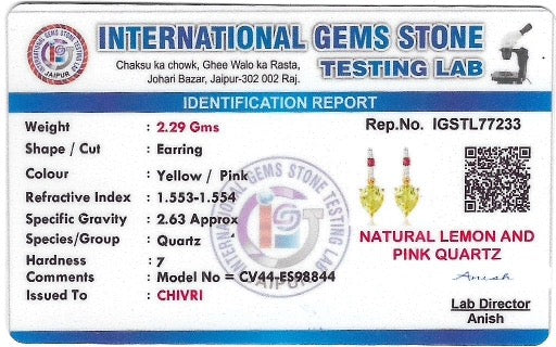 Golden Radiance Lemon & Pink Quartz Earrings For Women with Cubic Zirconia Brilliance
