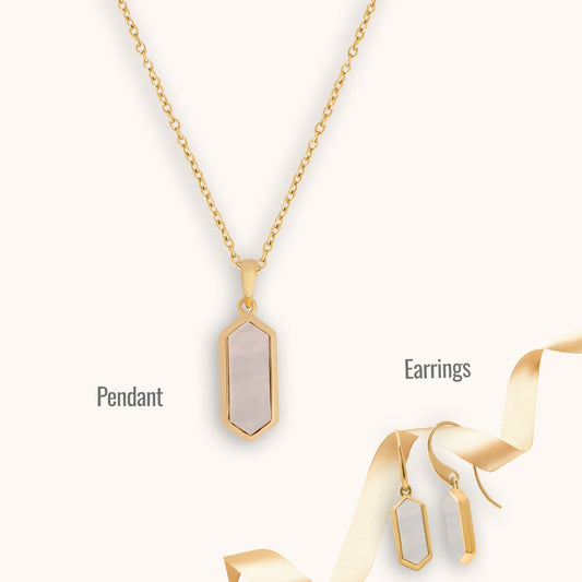 Classic Beauty: Mother of Pearl Delight Pendant and Drop Earrings Set with Golden Chain