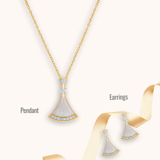 Complete Ocean's Opulence: Mother of Pearl Pendant and Earrings with Golden Chain