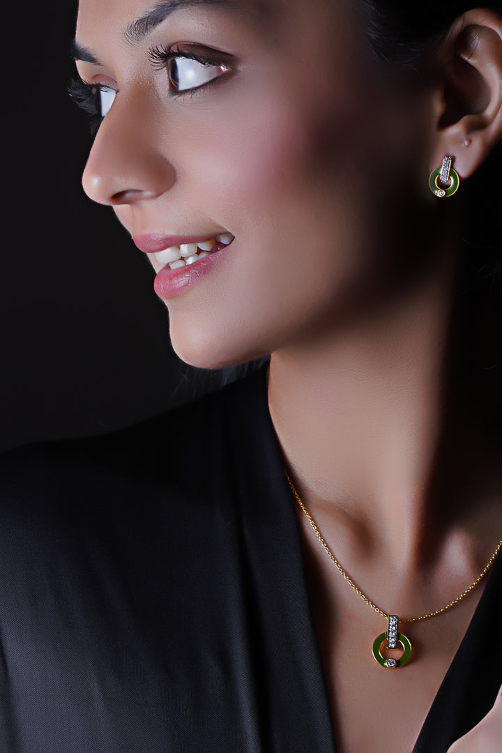 Harmony in Green Artisanal Jewelry Collection: Enamel Pendant and Tops with Golden Chain and Cubic Zirconia Brilliance