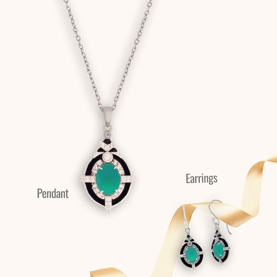 A Combo of Green Onyx and Cubic Zirconia Pendant and Drops Earrings Set with Silver Chain.