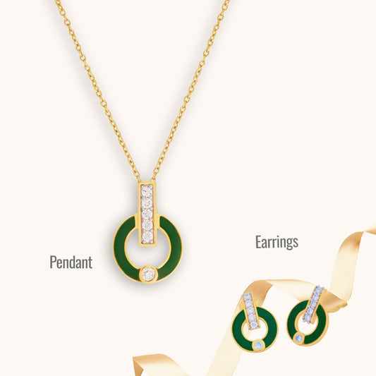 Harmony in Green Artisanal Jewelry Collection: Enamel Pendant and Tops with Golden Chain and Cubic Zirconia Brilliance