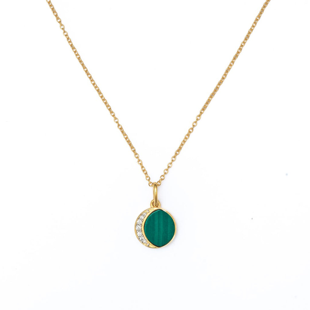A Glamorous Green Malachite Pendant with Cubic Zirconia, Luxe Gold Finishing with Silver Chain.