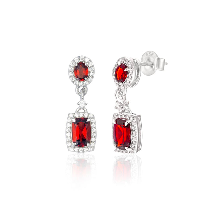 Silver Earrings Adorned with Red Garnet and Cubic Zirconia.