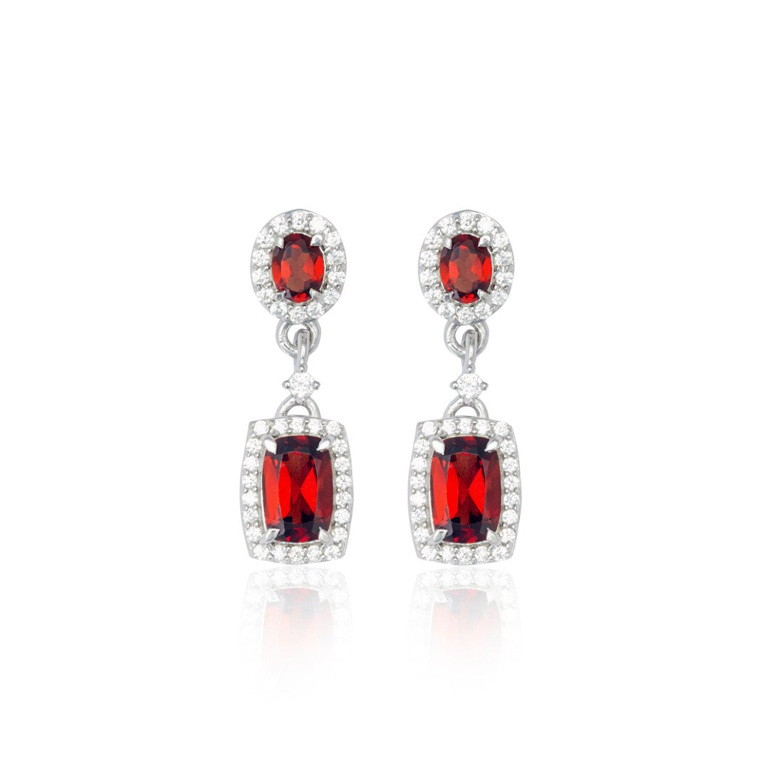 Silver Earrings Adorned with Red Garnet and Cubic Zirconia.