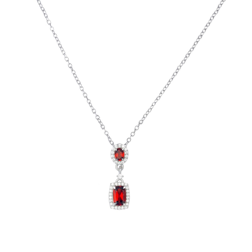 Silver Pendant and Chain adorned with Red Garnet and Cubic Zirconia.