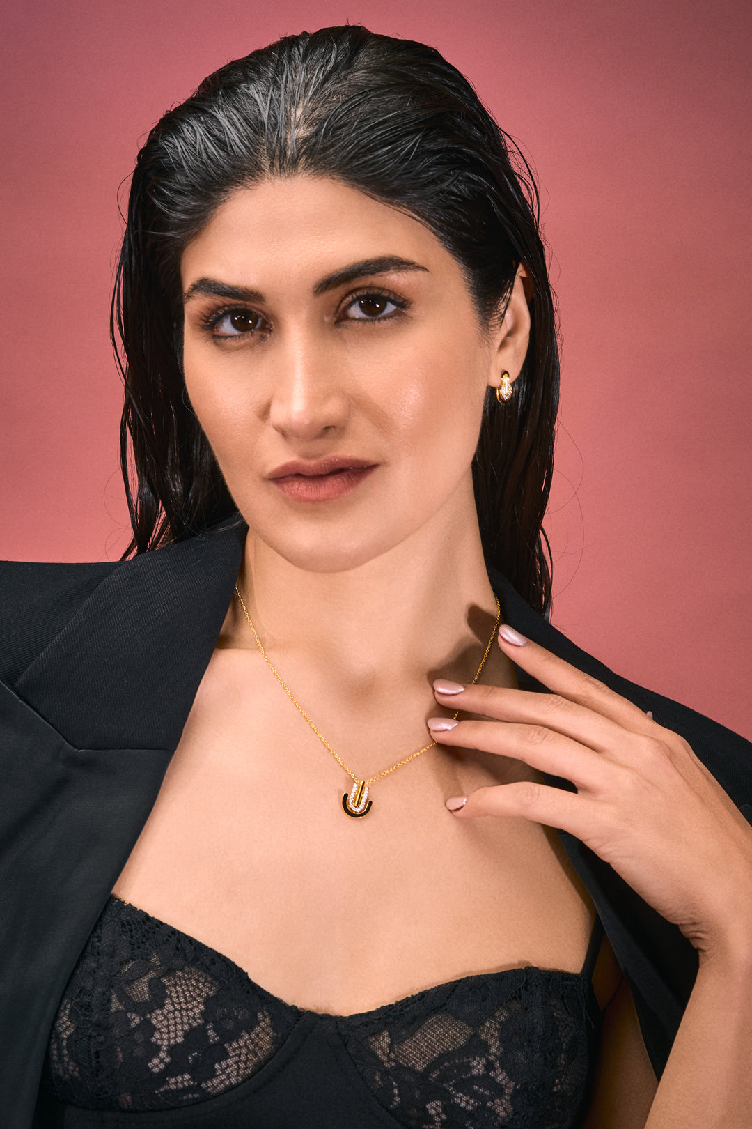 Black Enamel Jewellery Ensemble: Earrings & Pendant with Golden Chain and Cubic Zirconia Brilliance