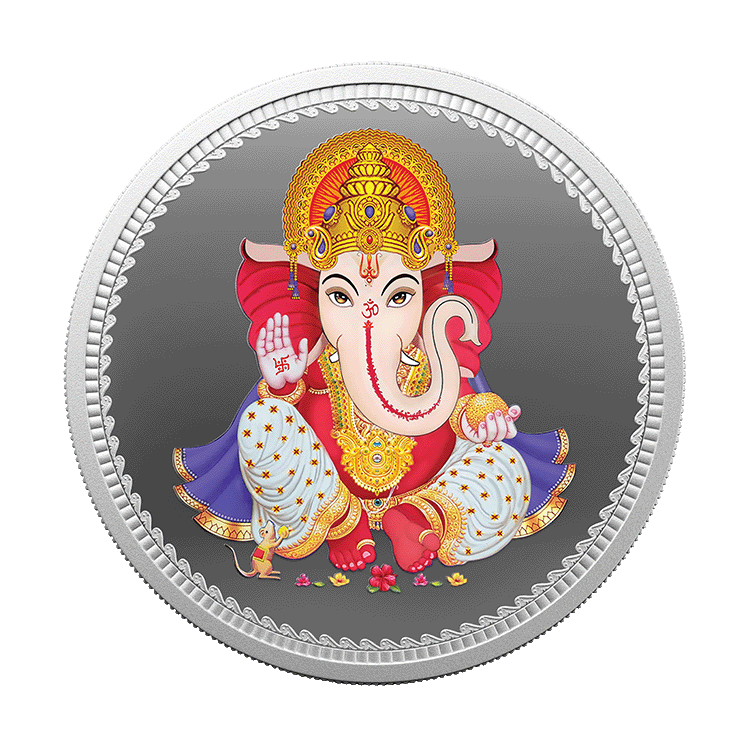 A Silver Coin featuring Lord Ganesha with 999.9 Purity of 50 gm.