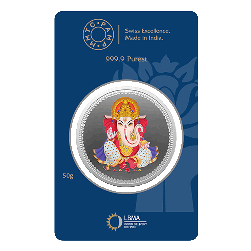 A Silver Coin featuring Lord Ganesha with 999.9 Purity of 50 gm.